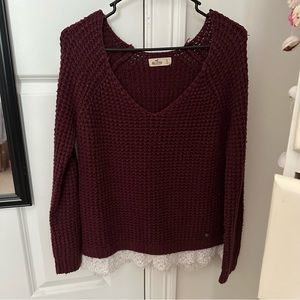 Hollister Maroon Knit Sweater with Lace Trim